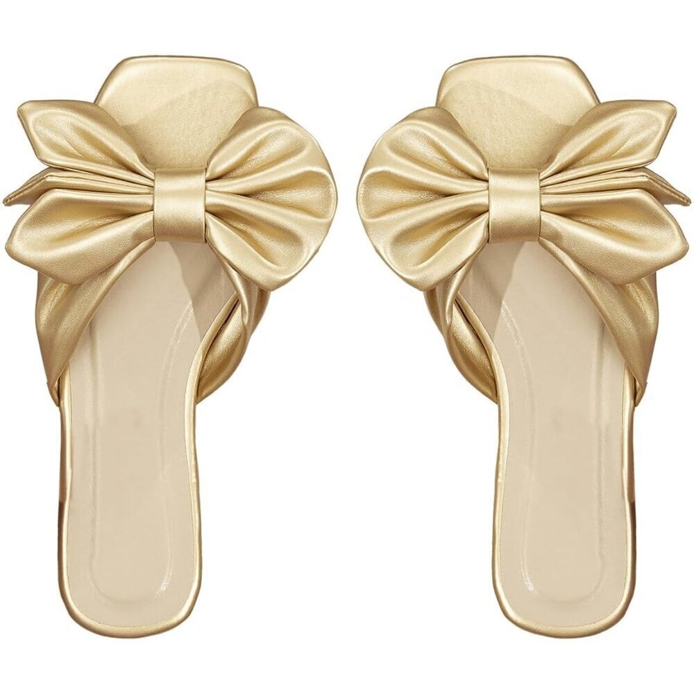 Women's Bow Gold Square Open Toe Breathable Slip On Slide Sandals Flat Shoes